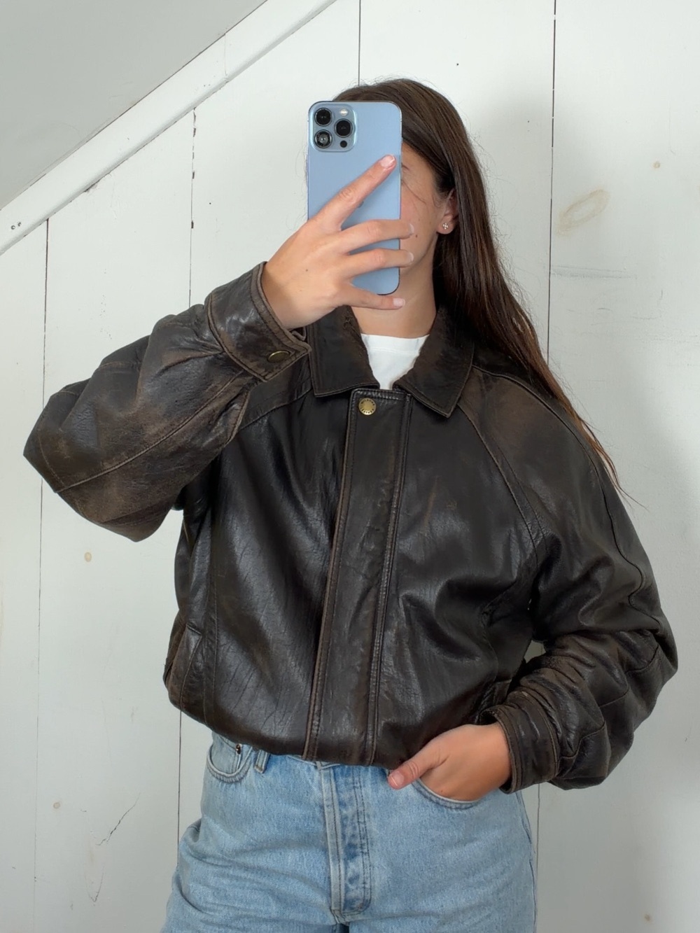 Vintage Wilsons Brown Leather Distressed Patina Bomber Jacket Men’s S Map Lining